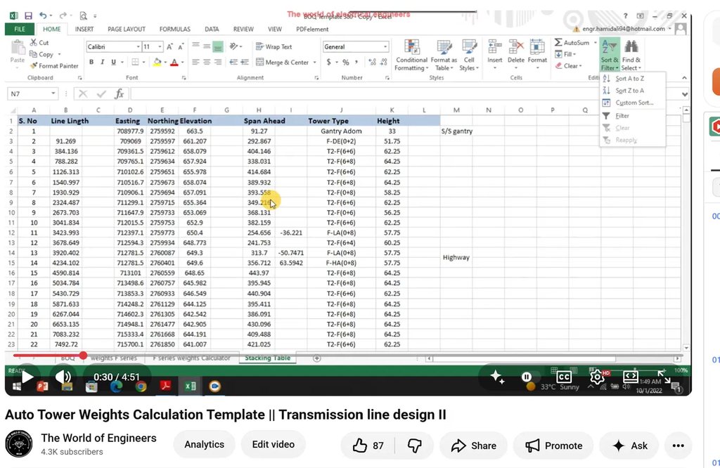 Staking table with span ahead, tower type and height columns
