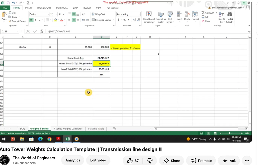 Grand total weight in kg and metric tonnes with galvanizing allowance